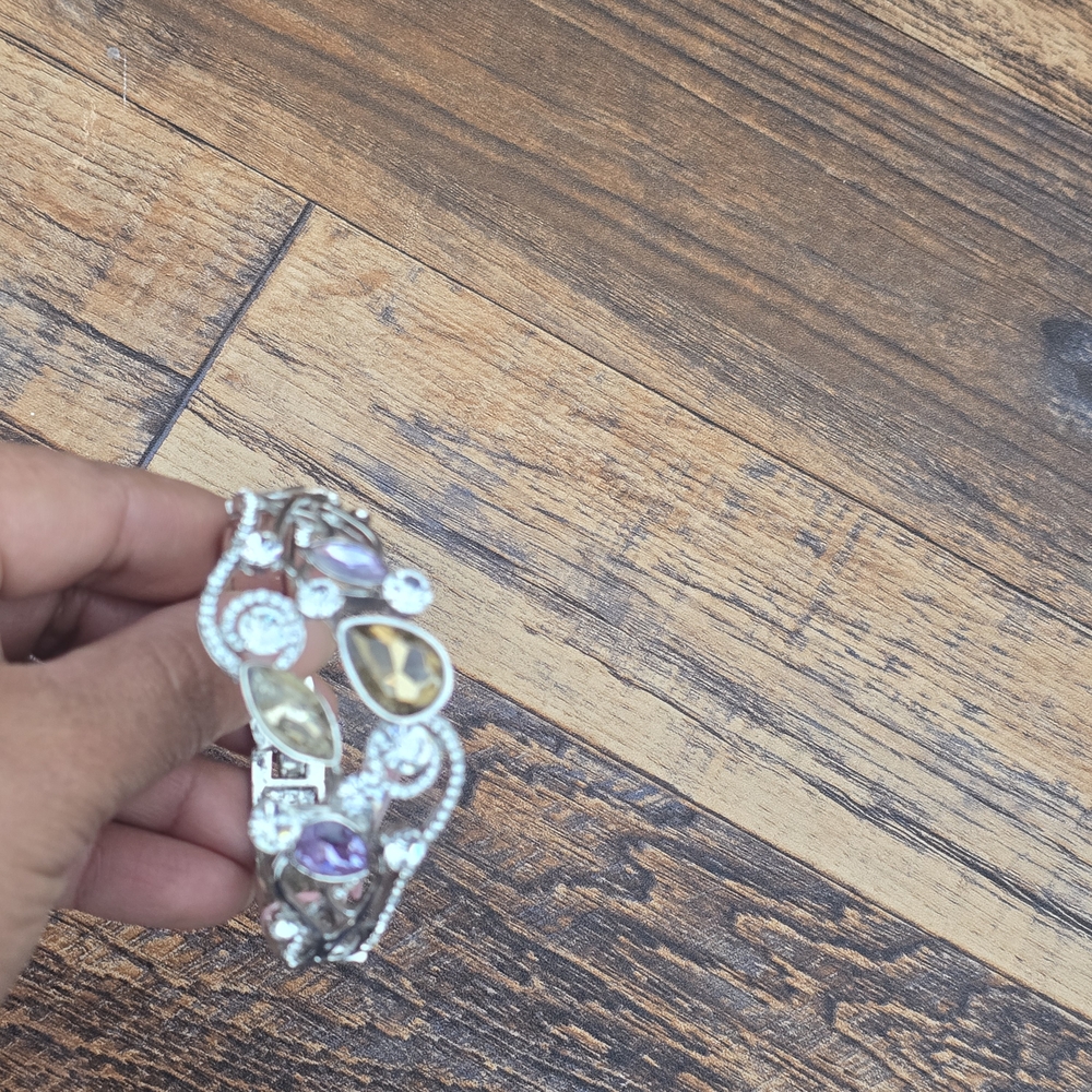 Elegant Silver and Faux Gem with Purple Accents Cuff Bracelet.